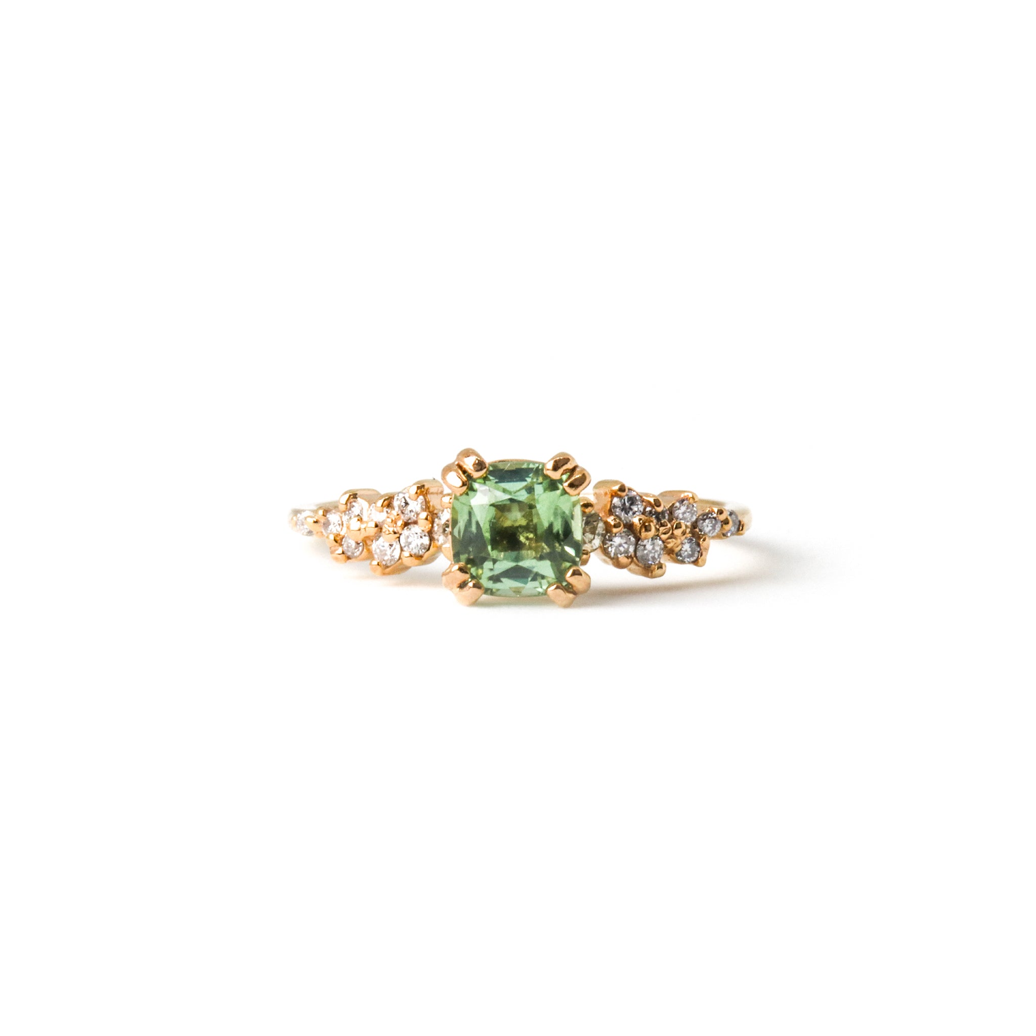 Ring with Cushion Cut Mint Green Tourmaline and Diamonds