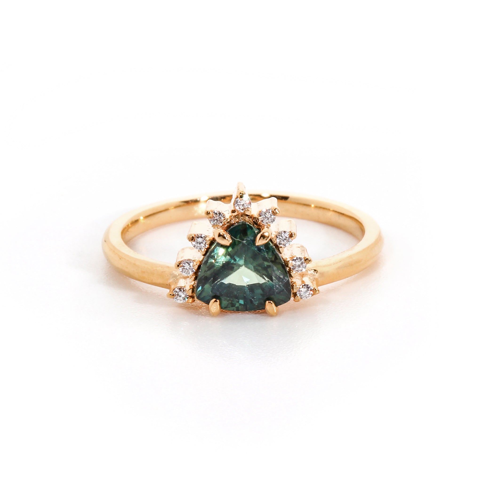 Ring with Trillion Cut Teal Sapphire and Diamonds