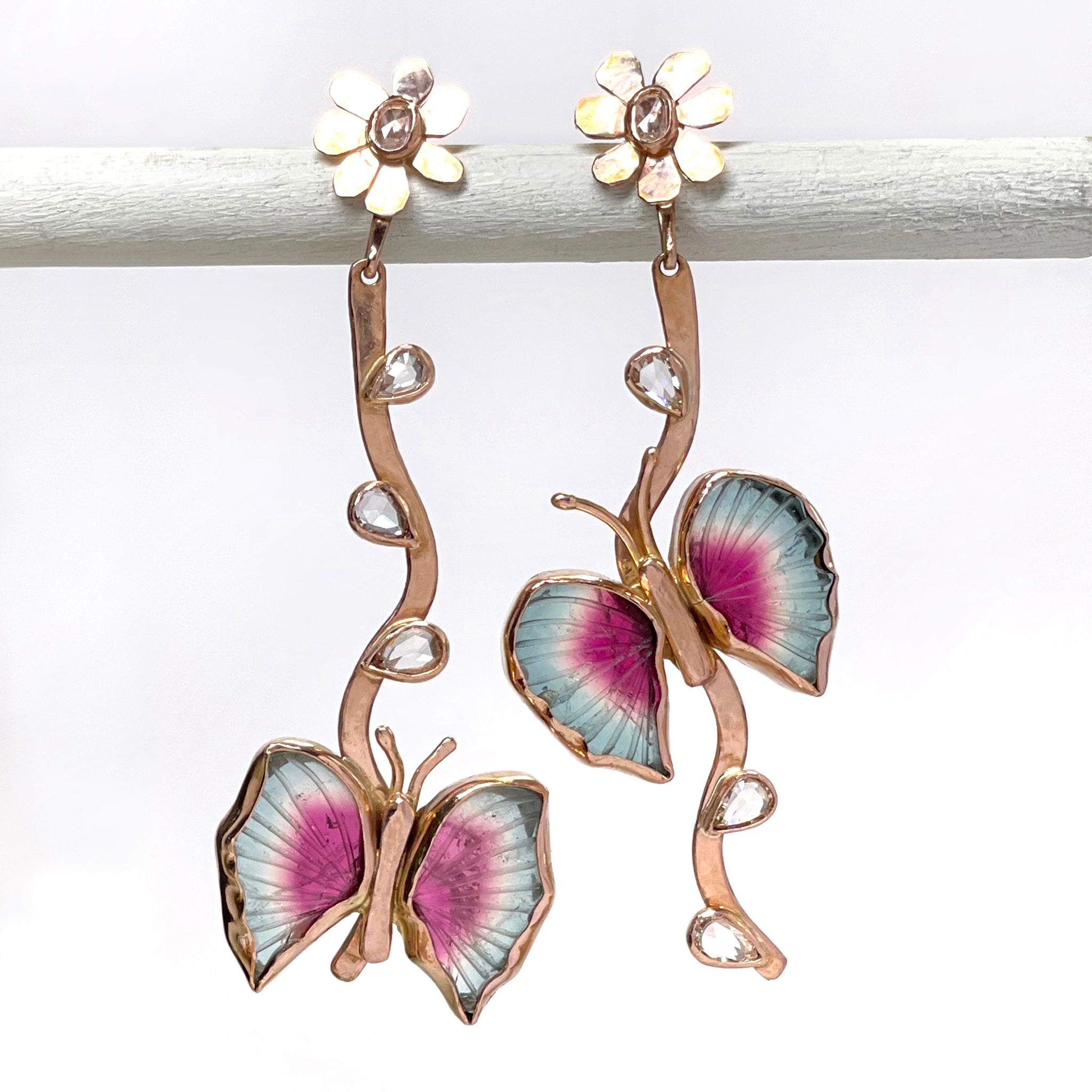 Tourmaline Butterfly and Diamond Drop Earrings