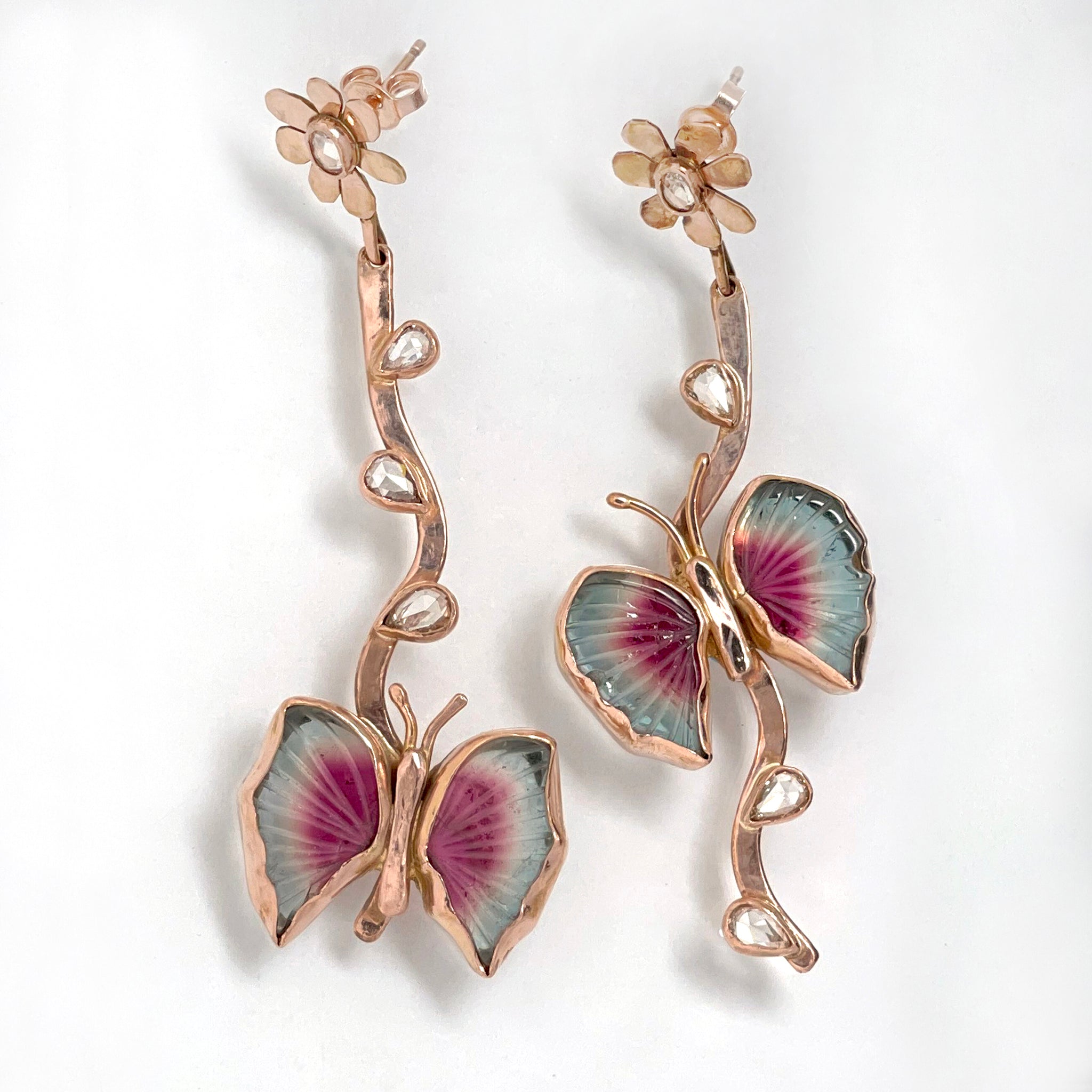 Tourmaline Butterfly and Diamond Drop Earrings